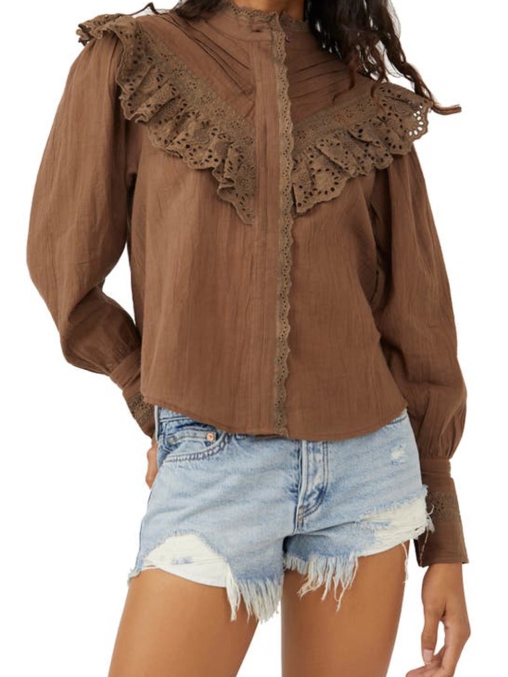 Free People Hit The Road button down blouse in Coffee Date eyelet ruffle yoke - Picture 2 of 14